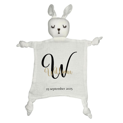 Personlig Kanin Snuttefilt med Namn – Vit Mjuk Babyfilt & Dopgåva 🤍-Lovely Text