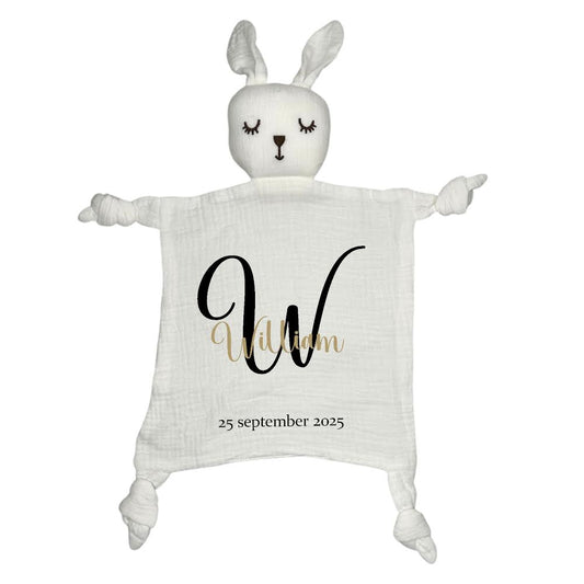 Personlig Kanin Snuttefilt med Namn – Vit Mjuk Babyfilt & Dopgåva 🤍-Lovely Text
