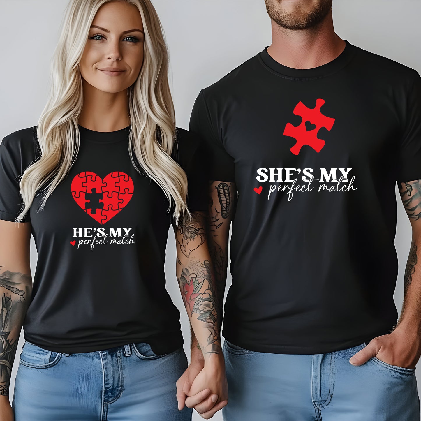 She is My Perfect Match och He is My Perfect Match – T-shirt Set för Par-Lovely Text